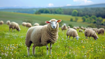 Fototapeta premium A field of sheep grazing, with plenty of space and natural surroundings,