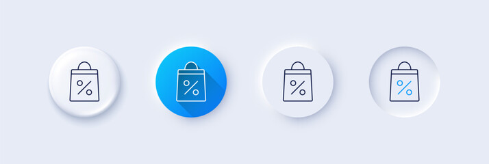 Shopping bag with Percentage line icon. Neumorphic, Blue gradient, 3d pin buttons. Supermarket buying sign. Sale and Discounts symbol. Line icons. Neumorphic buttons with outline signs. Vector