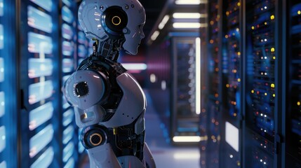 Fototapeta premium A futuristic robot managing a complex data center, ensuring optimal performance.