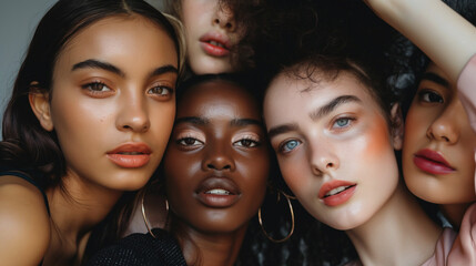 Obraz premium Diverse group of models showcasing modern beauty trends in studio setting during daytime shoot