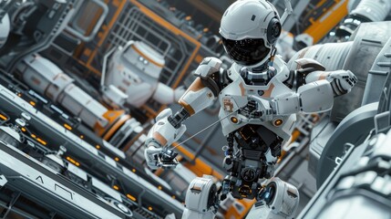 Fototapeta premium A futuristic robot performing maintenance on a massive space station.