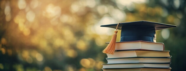 Stack of Books with Graduation Hat, Education Concept, ymbolizing education and university student training for diplomas. The blurred background adds depth, making it ideal for banners or web design