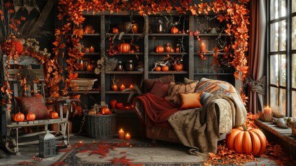 Naklejka premium Warm and cozy home corner with autumn leaf and pumpkin decor for a charming ambiance