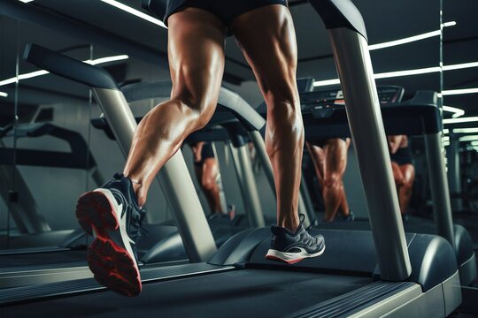 Close-Up of Muscular Legs Running on Treadmill in Gym - Cardio Workout - Fitness and Healthy Lifestyle Concept
