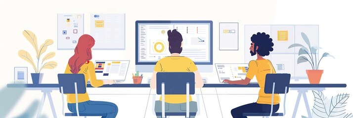 Illustration of Three People Working Together in an Office