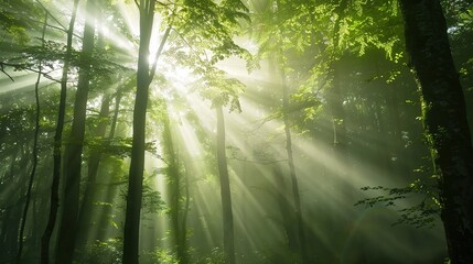 Fototapeta premium Enchanting Morning Fog in Dense Forest with Sun Rays Filtering Through, Embracing Natural Serenity
