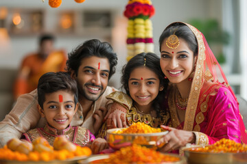 Fototapeta premium happy indian family celebrating diwali festival at home