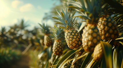 Fototapeta premium Pineapple plantation bathed in warm golden sunlight with focus on one pineapple