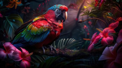 Fototapeta premium Tropical rainforest teeming with diverse flora and fauna, Realism, Vivid hues, Photography