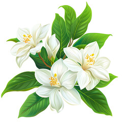 A digital illustration of blooming white flowers with lush green leaves isolated on transparency PNG background, ideal for use in botanical designs, posters, greeting cards