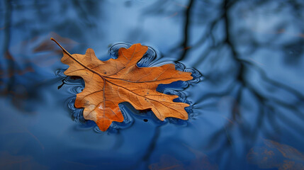 Fototapeta premium An oak leaf with rich brown tones gently floating on a calm body of water, reflecting the tranquility of the season.
