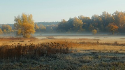 Autumnal field shrouded in morning mist, captured in a realistic landscape photography