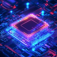 Fototapeta premium Futuristic microprocessor illuminated with neon blue and pink lights, symbolizing advanced technology and innovation.