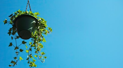 A hanging flower pot with trailing ivy, against a bright blue sky.