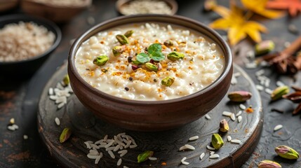 indian dessert recipe, rich seviyan kheer adorned with fragrant cardamom and crispy pistachios, a luscious indian dessert savored during festive occasions and celebrations