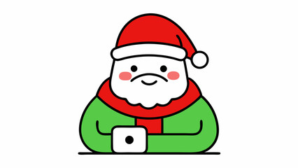  Vector Line Art of Christmas Cute Santa Claus Watching Mobile with Hat and Scarf on White Background