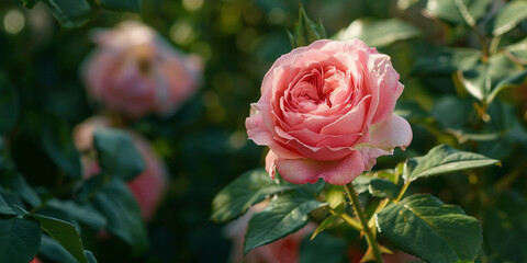  Close up shot of many pink rose flowers on a rose bush near fence in the garden
