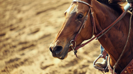 Obraz premium Rider in full gear competes in fast-paced rodeo event on beautiful brown horse