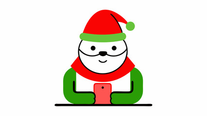  Vector Line Art of Christmas Cute Santa Claus Watching Mobile with Hat and Scarf on White Background