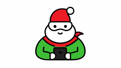  Vector Line Art of Christmas Cute Santa Claus Watching Mobile with Hat and Scarf on White Background