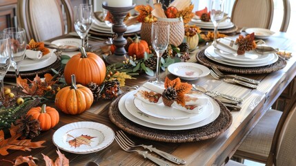 Fototapeta premium Thanksgiving table setting with autumn leaves, pumpkins, and rustic decor.