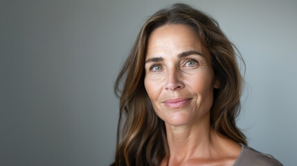 Obraz premium Middle aged woman with glowing skin posing confidently in soft natural lighting