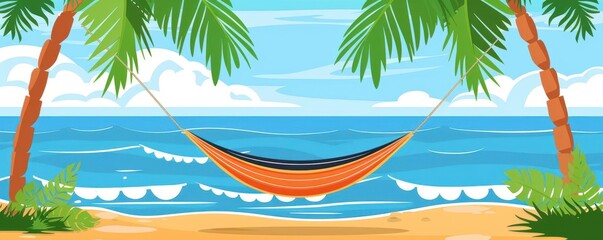 Obraz premium Relaxing in a hammock under palm trees with ocean waves flat design, side view, escape theme, cartoon drawing, Triadic Color Scheme, copy space for text,