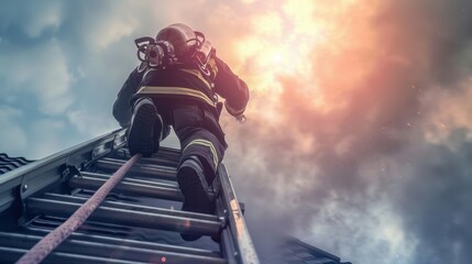 Fototapeta premium Firefighter climbing a ladder during a rescue operation with dramatic sky background