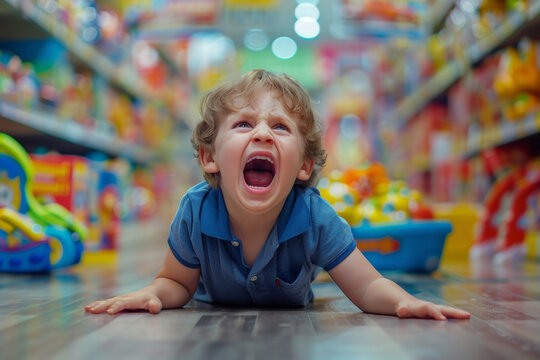 Child throwing a tantrum in toy store. Spoiled little boy lying on store floor and screaming, because his parents do not want to buy him toys or satisfy his desires. Bad behavior, childish whims