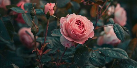 Pink roses blooming in the fields nature beauty pink petals blooming with blurred background
