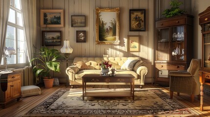 Vintage-style living room with antique furniture and retro decorations, evoking nostalgia.