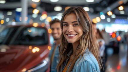 Smiling People In A Car Showroom Excited About New Vehicle Purchase