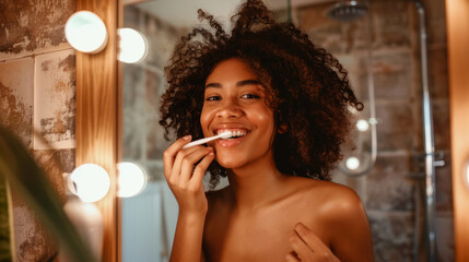 Smiling woman enjoying morning routine while applying lip balm in modern bathroom mirror