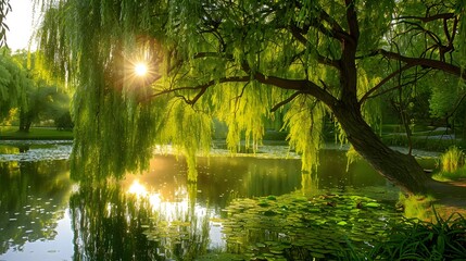 Weeping Willow tree gracefully arching over a tranquil pond in a park