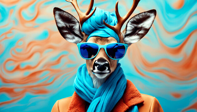 Humorvolles Portrait eines Hirsch mit cooler blauer Sonnenbrille und kuscheligen blauen Schal. Er schaut direkt in die Kamera. Witziges Tierbild f&uuml;r Kinderb&uuml;cher, Postkarten, Social Media-Posts.	￼
