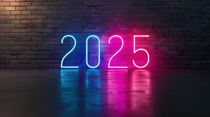 Futuristic 3D Neon 2025 Numbers Illuminating Urban Cityscape with New Year Greetings in Stylish Design