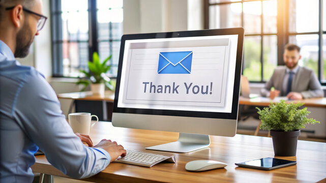 Businessman Working On Computer With Thank You Message.