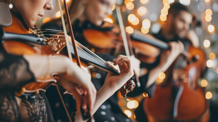 String quartet enchanting audience in cozy setting with twinkling lights at intimate gathering