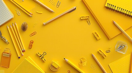 Yellow background with various school supplies like pencils, erasers, and notebooks, perfect for back-to-school themes.