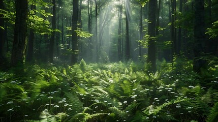 Sunlight Streaming Through Lush Green Forest with Ferns - Realistic Image