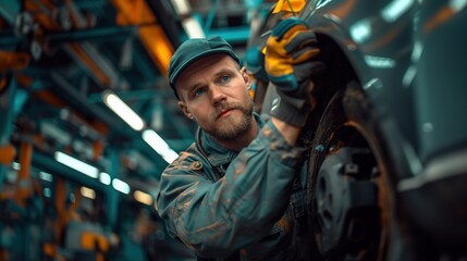 Obraz premium Mechanic in Gray Suit Working on Car for Client in Auto Repair Shop