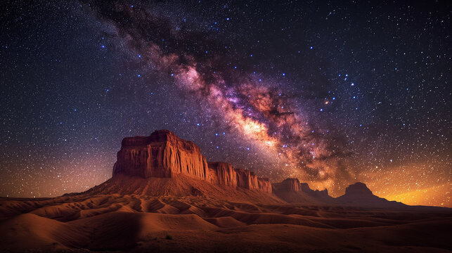 Stunning desert landscape under a starry night sky, with the Milky Way galaxy clearly visible. The contrast between the desert on Earth and the night sky