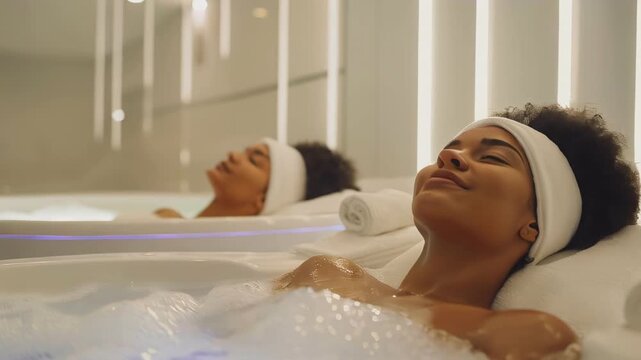 Two African American women relax in a luxurious wellness center, soaking in warm water. Soft lighting creates a calm atmosphere, enhancing relaxation during the rejuvenating hydrotherapy session