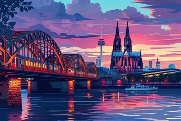 Obraz premium Cologne landmarks, Cologne Cathedral and Hohenzollern Bridge, Germany, minimal flat design illustration, No logo, No Trademark, No text, minimal concept with copy space for stock photo