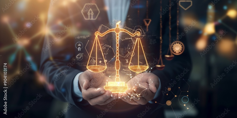 Poster the symbolic representation of justice and law, particularly in the context of a digital age, encomp
