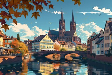 Fototapeta premium Strasbourg landmarks, Strasbourg Cathedral and Petite France, France, minimal flat design illustration, No logo, No Trademark, No text, minimal concept with copy space for stock photo