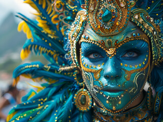 Fototapeta premium A woman with a vibrant face paint and blue feathers.