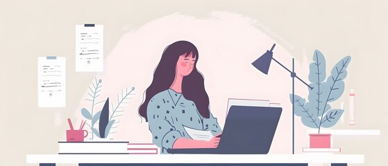 Woman working on laptop at desk with plants and lamp.