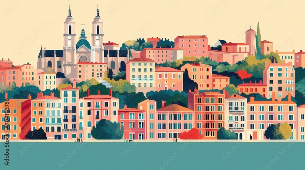 Wall mural lyon landmarks, basilica of notre dame de fourviere and place bellecour, france, minimal flat design