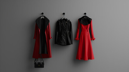 Elegant and vibrant clothing display showcasing a variety of stylish outfits and accessories arranged against colorful backgrounds, perfect for fashion and lifestyle themes